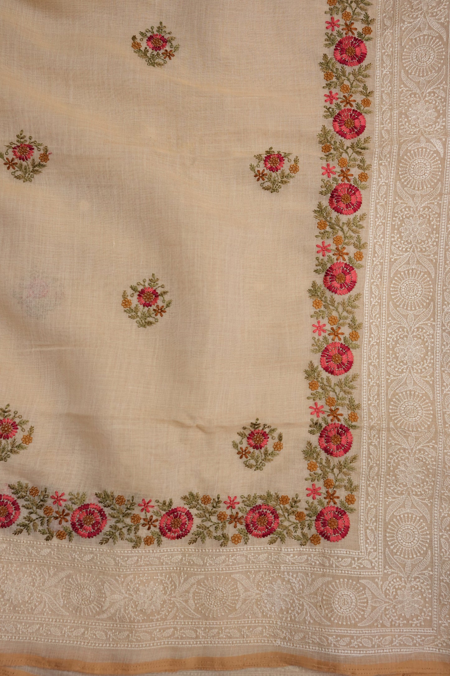 Embroidered Jute Linen Saree - Half White with Peach Undertone