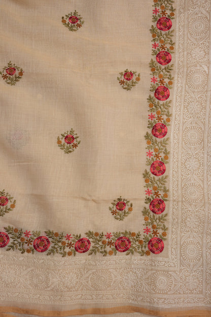 Embroidered Jute Linen Saree - Half White with Peach Undertone