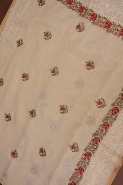 Embroidered Jute Linen Saree - Half White with Peach Undertone