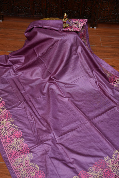 Pure Tussar Silk Saree with Floral Cutwork Embroidered Borders – Purple