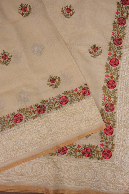 Embroidered Jute Linen Saree - Half White with Peach Undertone