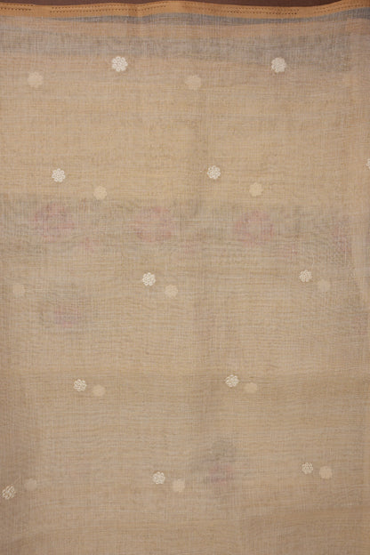 Embroidered Jute Linen Saree - Half White with Peach Undertone