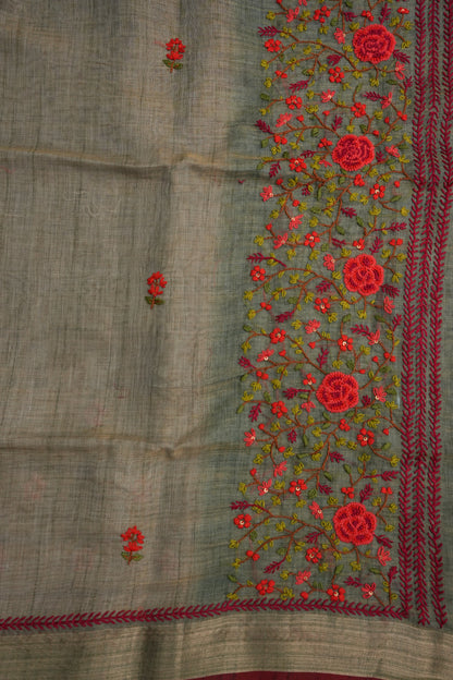 Embroidered Jute Linen Saree - Grey with Blue Undertone