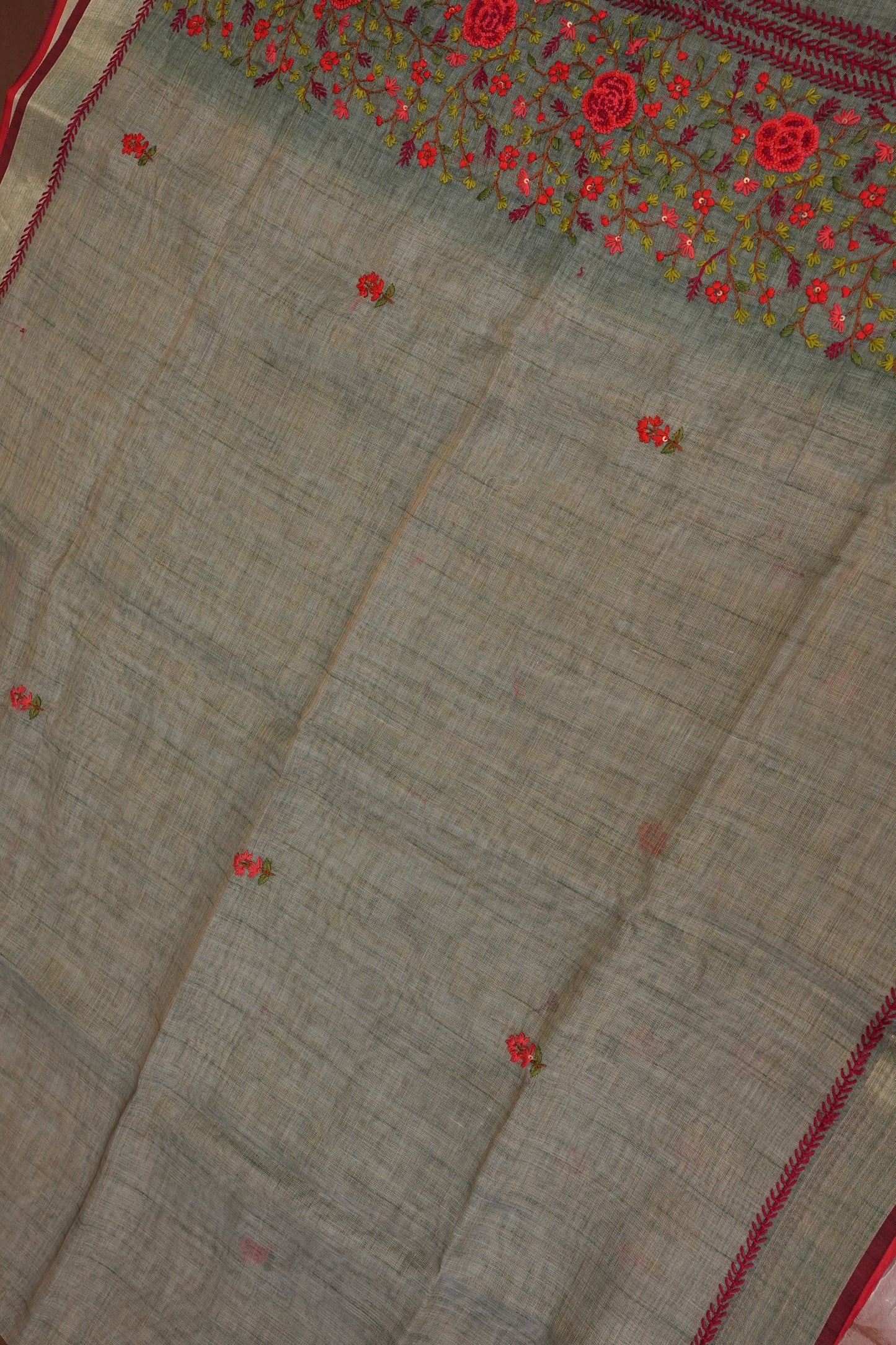 Embroidered Jute Linen Saree - Grey with Blue Undertone