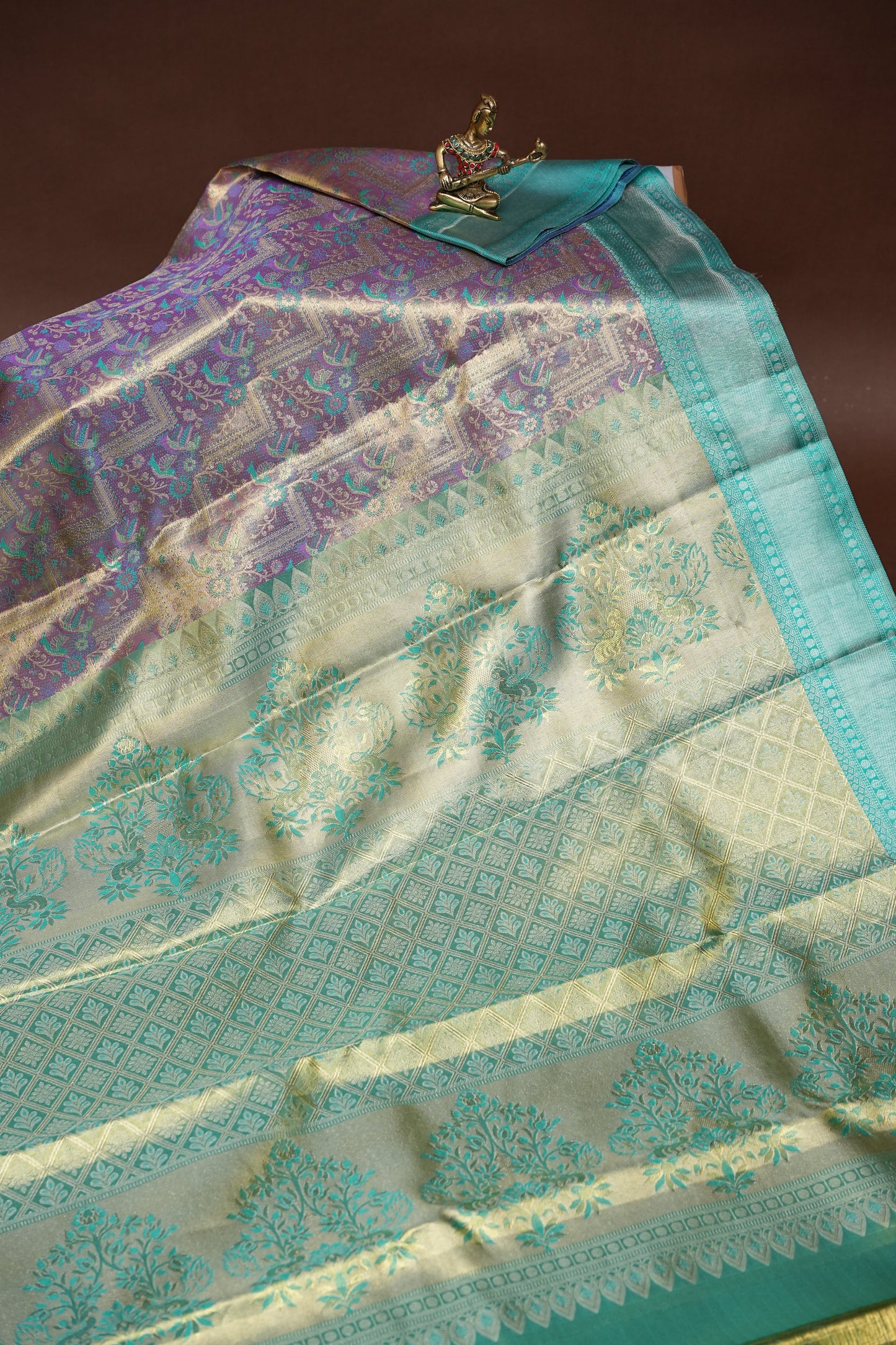 Purplish Gold & Peacock Teal Pure Tissue Kanchipuram Silk Saree |Silk Mark Certified