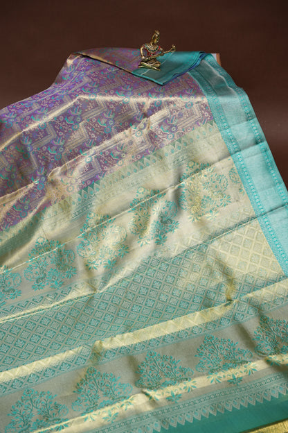 Purplish Gold & Peacock Teal Pure Tissue Kanchipuram Silk Saree |Silk Mark Certified