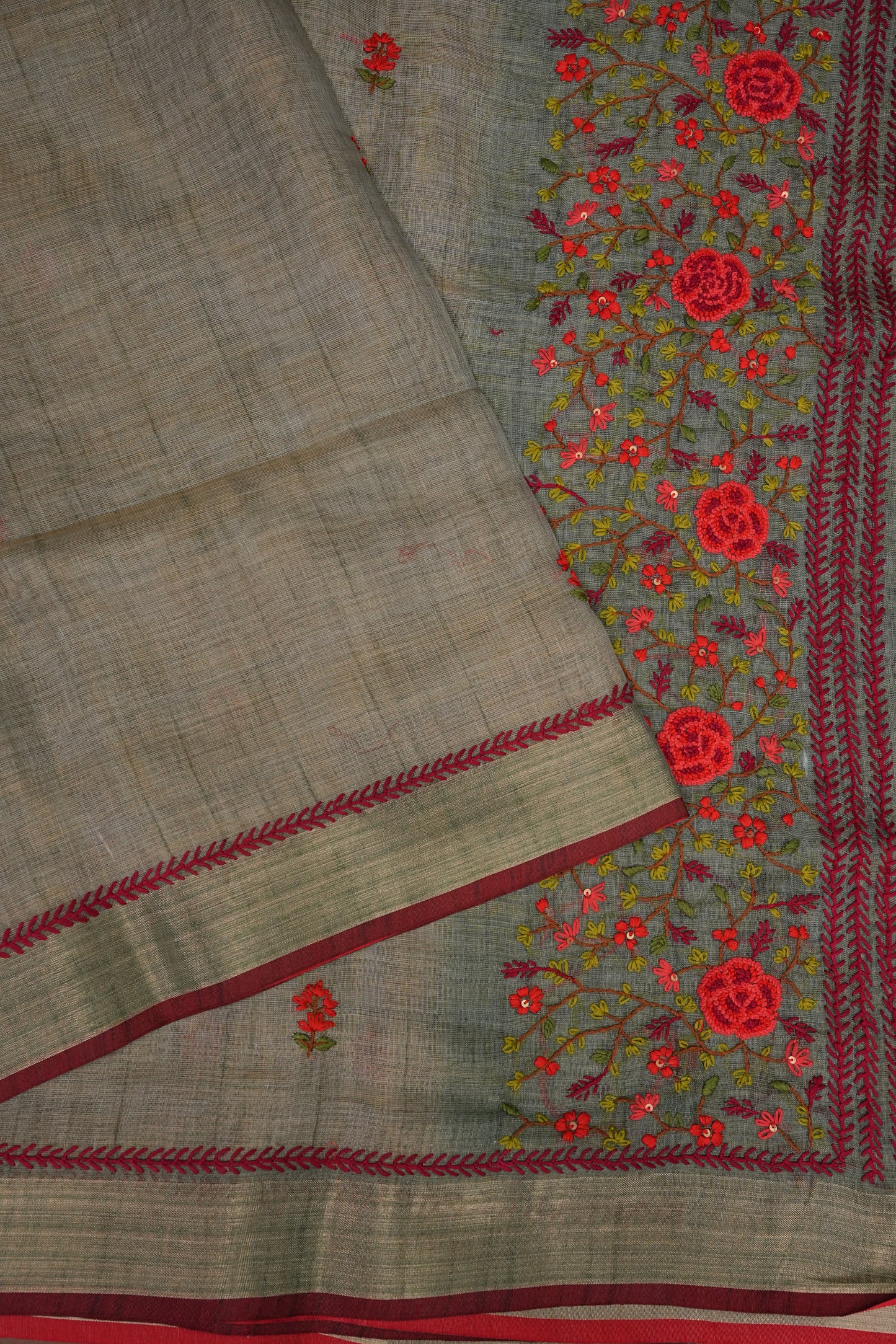 Embroidered Jute Linen Saree - Grey with Blue Undertone