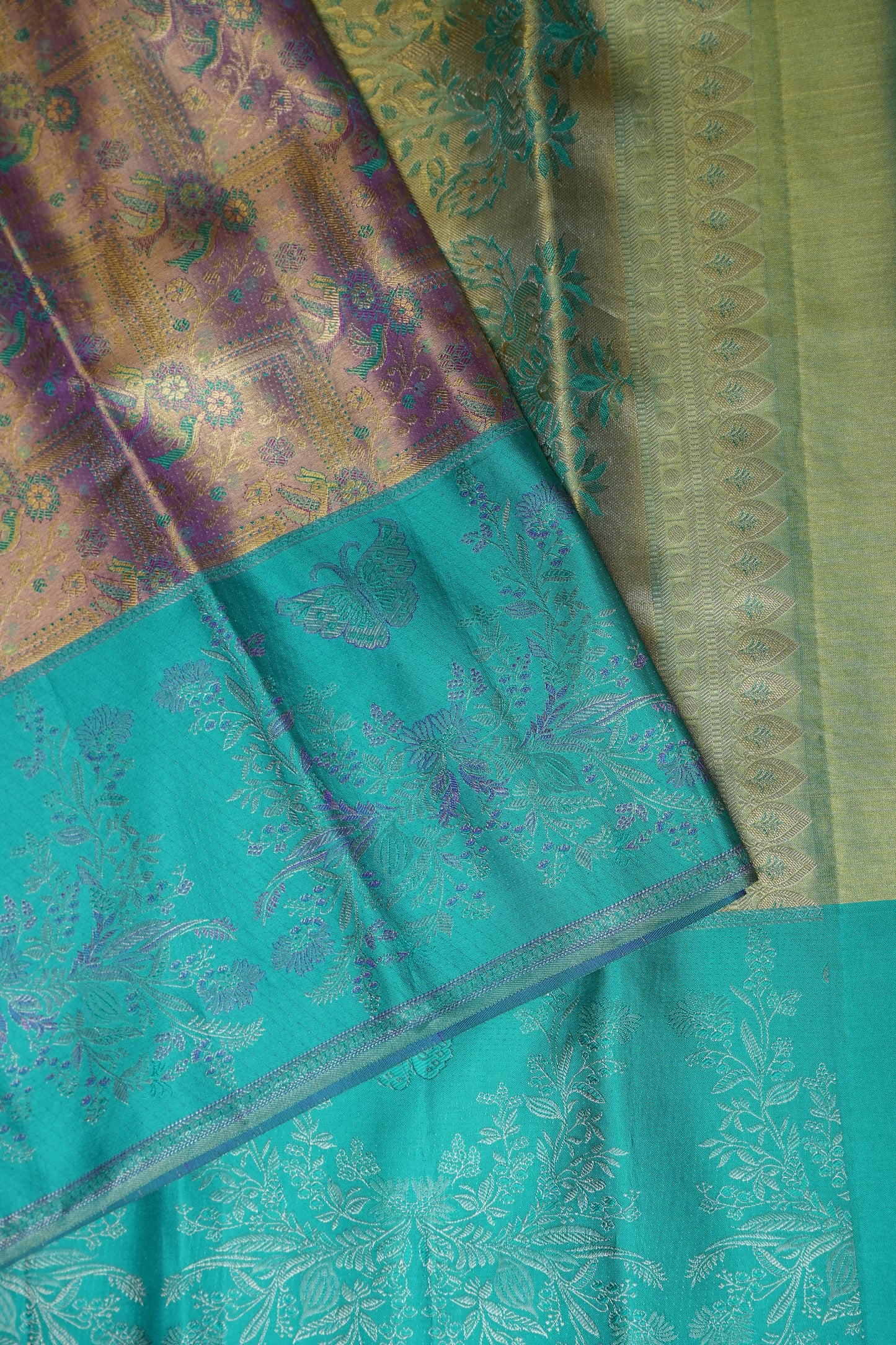 Purplish Gold & Peacock Teal Pure Tissue Kanchipuram Silk Saree |Silk Mark Certified