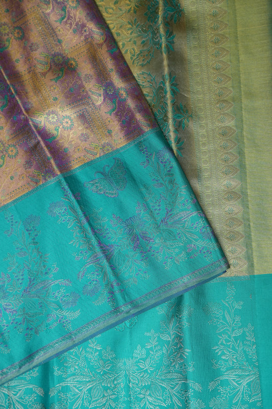 Purplish Gold & Peacock Teal Pure Tissue Kanchipuram Silk Saree |Silk Mark Certified