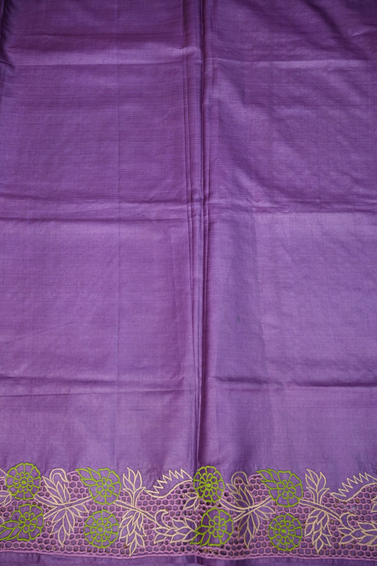 Pure Tussar Silk Saree with Floral Cutwork Embroidered Borders – Purple