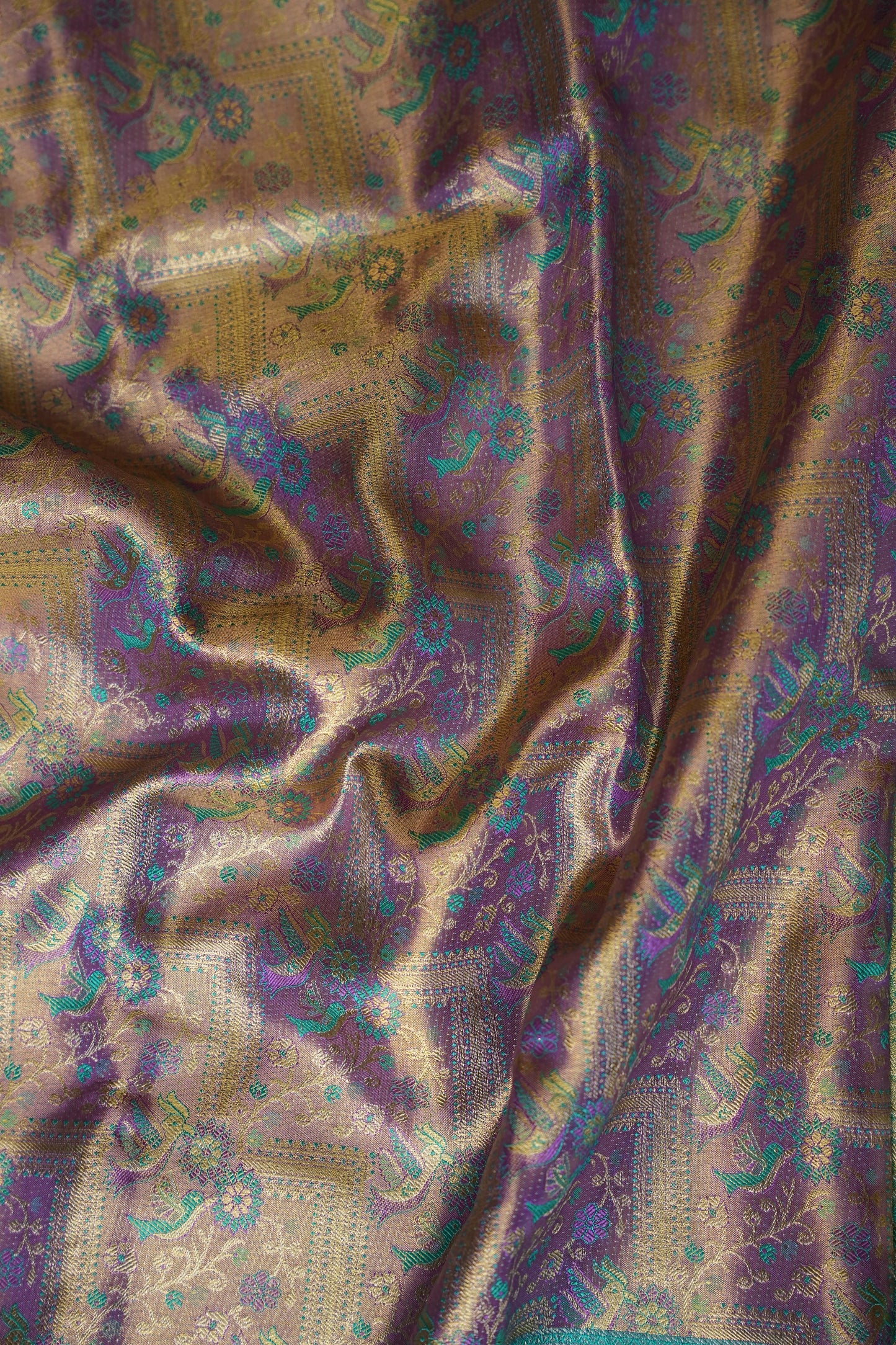 Purplish Gold & Peacock Teal Pure Tissue Kanchipuram Silk Saree |Silk Mark Certified