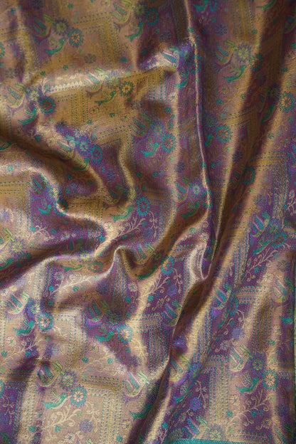 Purplish Gold & Peacock Teal Pure Tissue Kanchipuram Silk Saree |Silk Mark Certified
