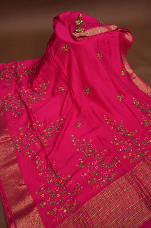 Rani Pink Crepe silk saree with French knot work