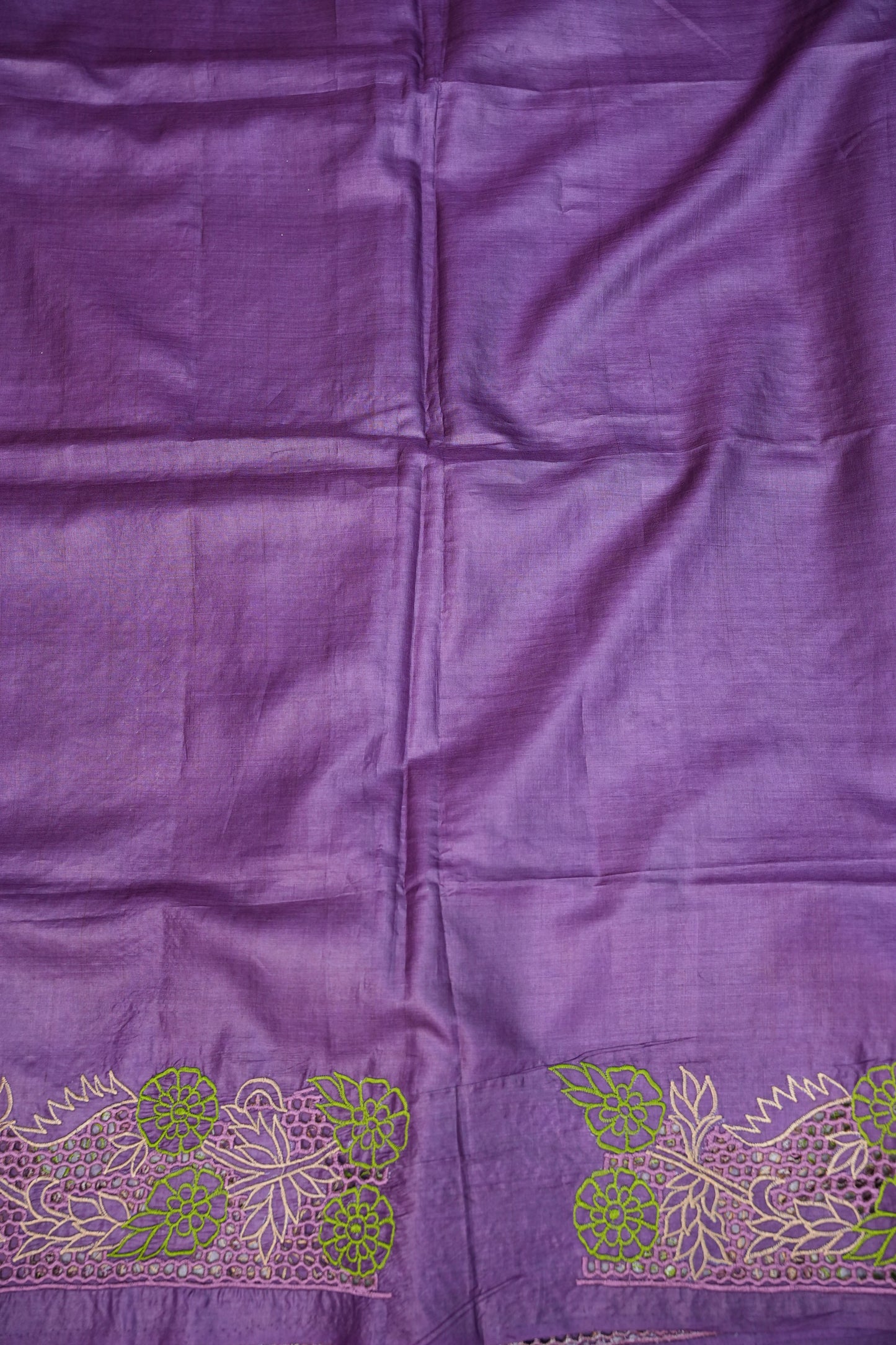 Pure Tussar Silk Saree with Floral Cutwork Embroidered Borders – Purple