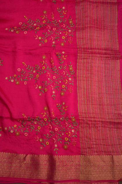 Rani Pink Crepe silk saree with French knot work