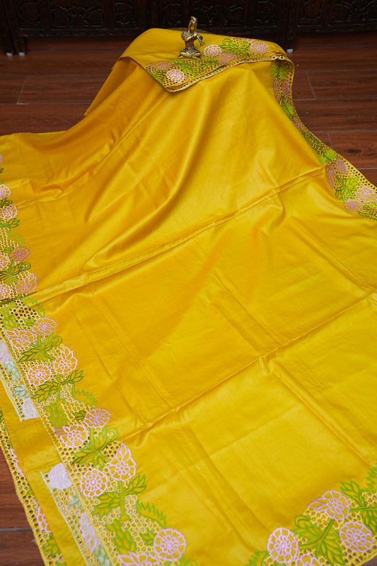 Pure Tussar Silk Saree with Cutwork Borders & Pallu – Yellow