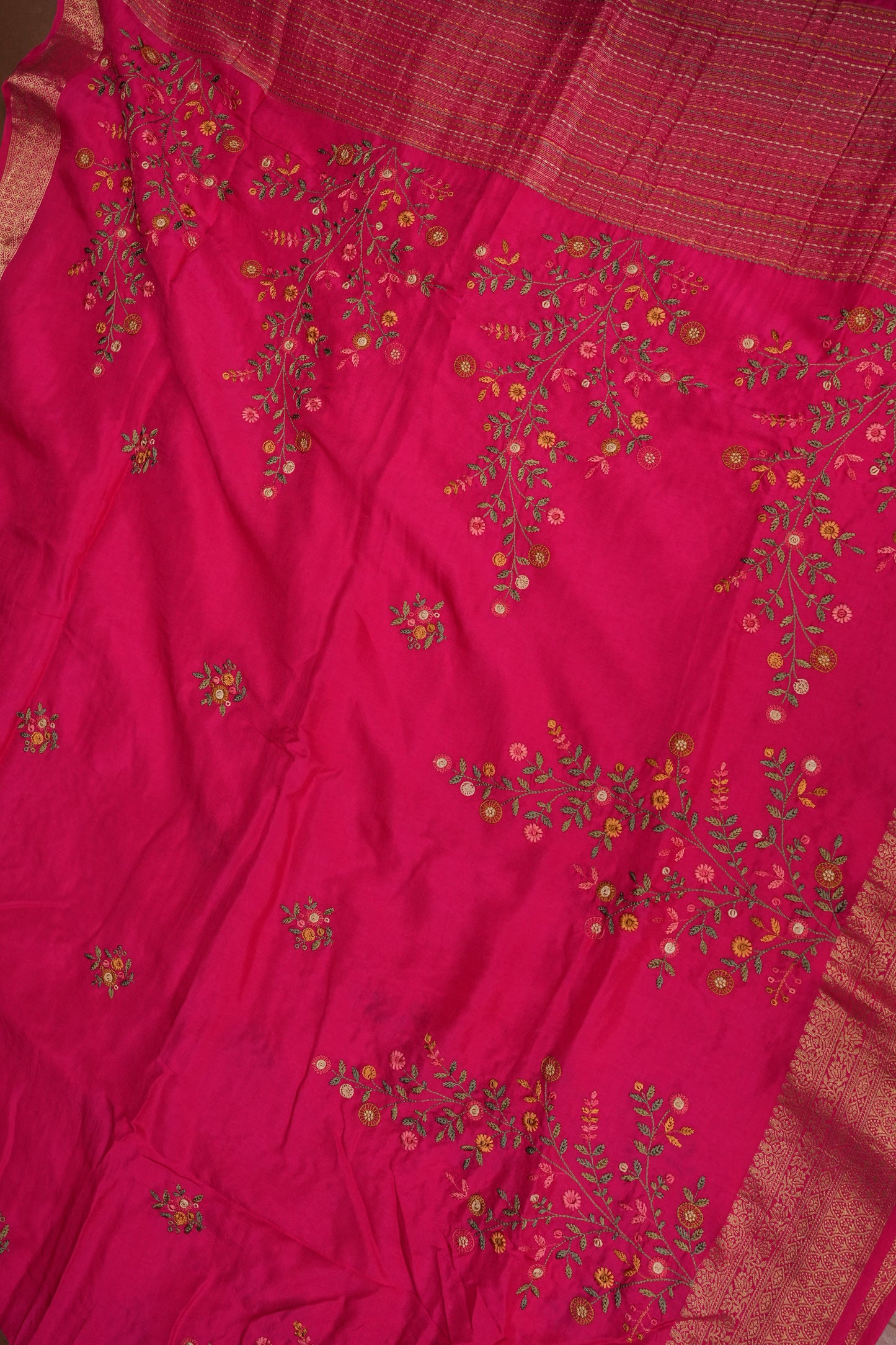 Rani Pink Crepe silk saree with French knot work