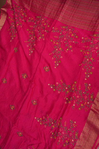 Rani Pink Crepe silk saree with French knot work