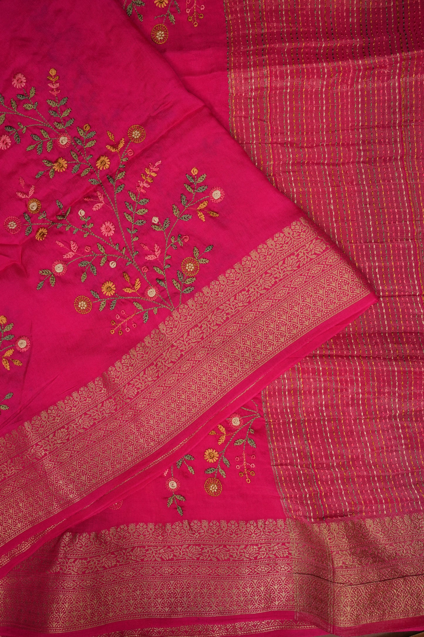 Rani Pink Crepe silk saree with French knot work