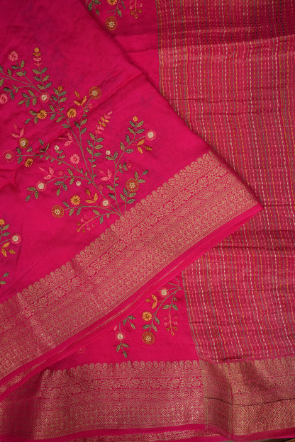 Rani Pink Crepe silk saree with French knot work