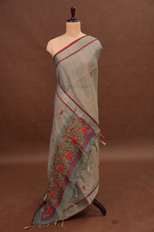 Embroidered Jute Linen Saree - Grey with Blue Undertone
