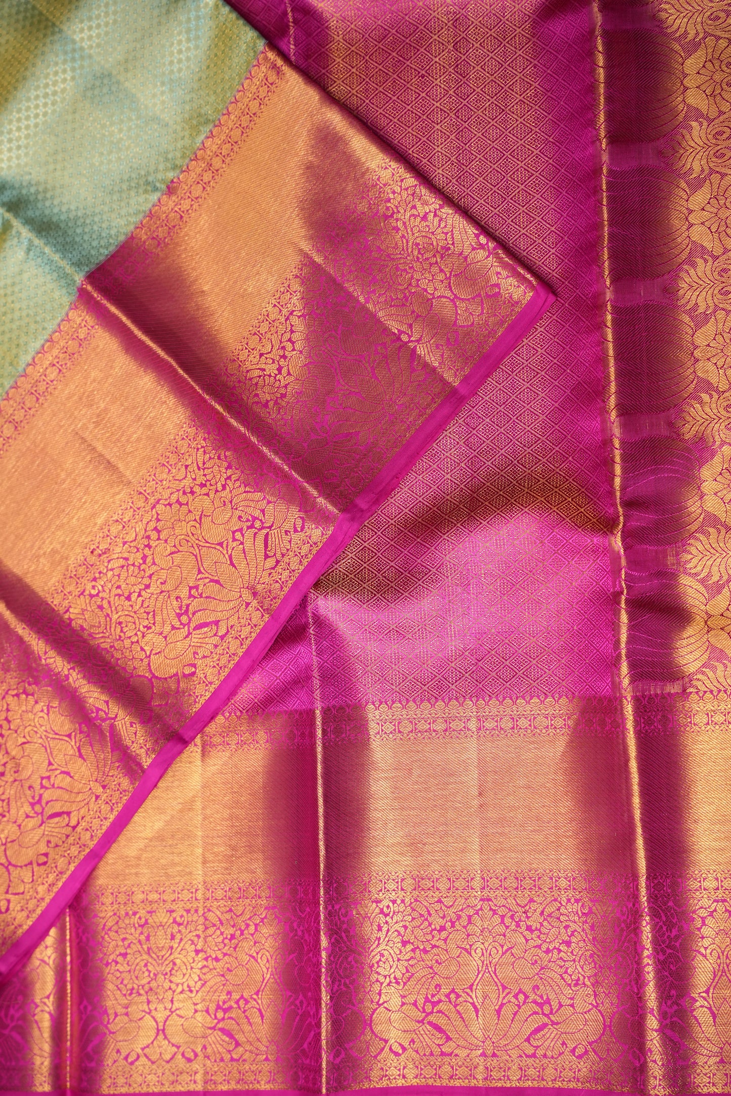 Pastel Mint Green & Hot Pink Pure Tissue Kanchipuram Silk Saree|Silk Mark Certified