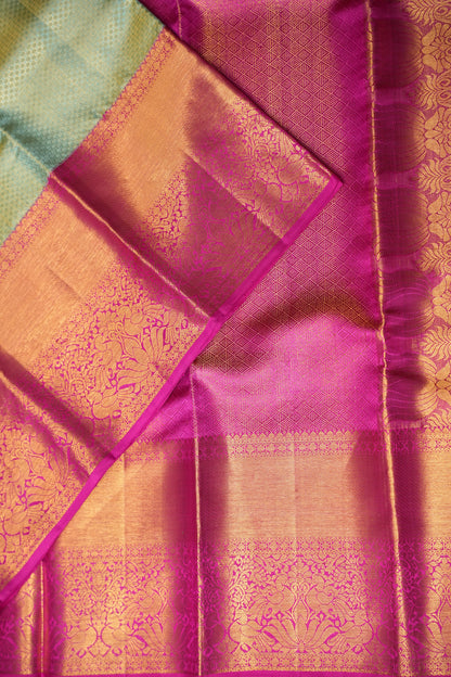 Pastel Mint Green & Hot Pink Pure Tissue Kanchipuram Silk Saree|Silk Mark Certified