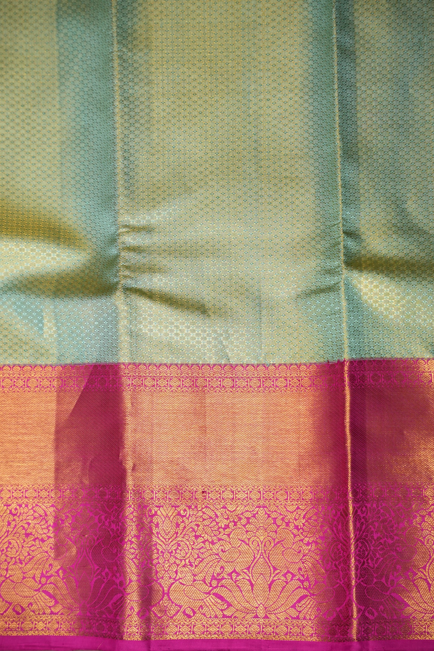 Pastel Mint Green & Hot Pink Pure Tissue Kanchipuram Silk Saree|Silk Mark Certified