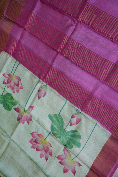 Pure Tussar Silk Saree with Floral Handpainted Print – Mint Green & Magenta | Silk Mark Certified