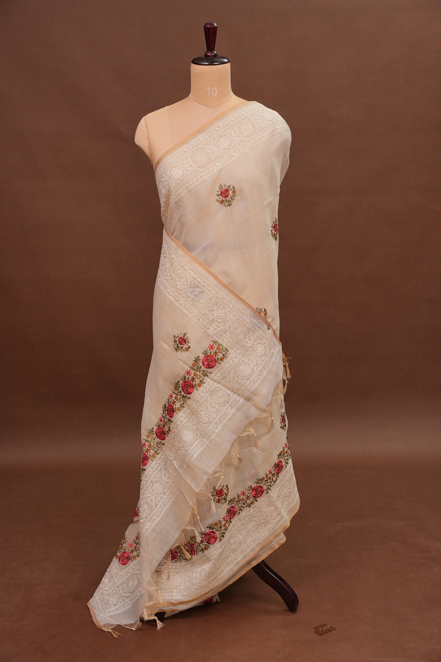 Embroidered Jute Linen Saree - Half White with Peach Undertone