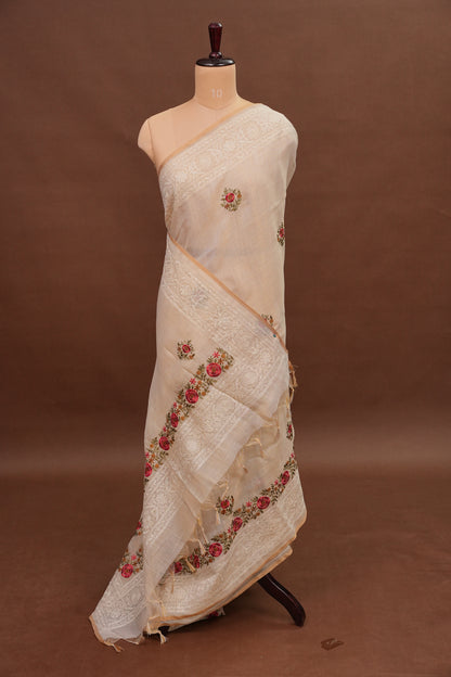 Embroidered Jute Linen Saree - Half White with Peach Undertone