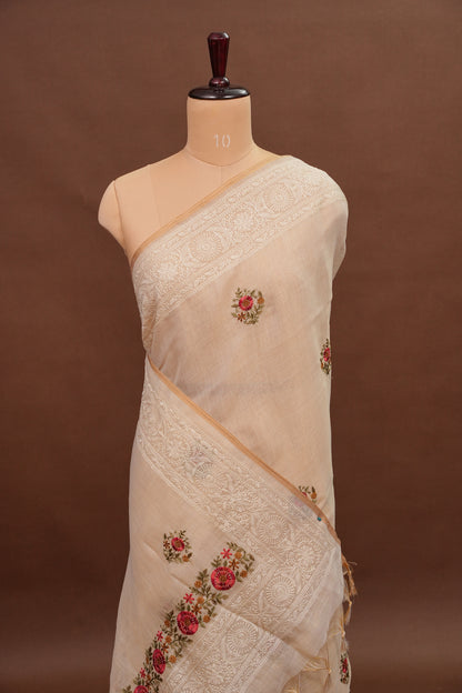 Embroidered Jute Linen Saree - Half White with Peach Undertone