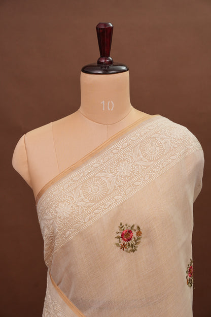Embroidered Jute Linen Saree - Half White with Peach Undertone