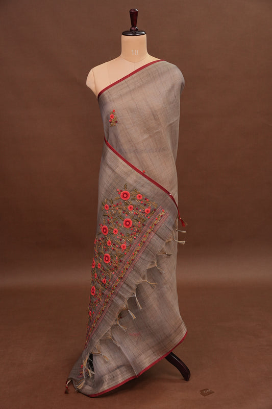 Embroidered Jute Linen Saree - Grey with Purple Undertone