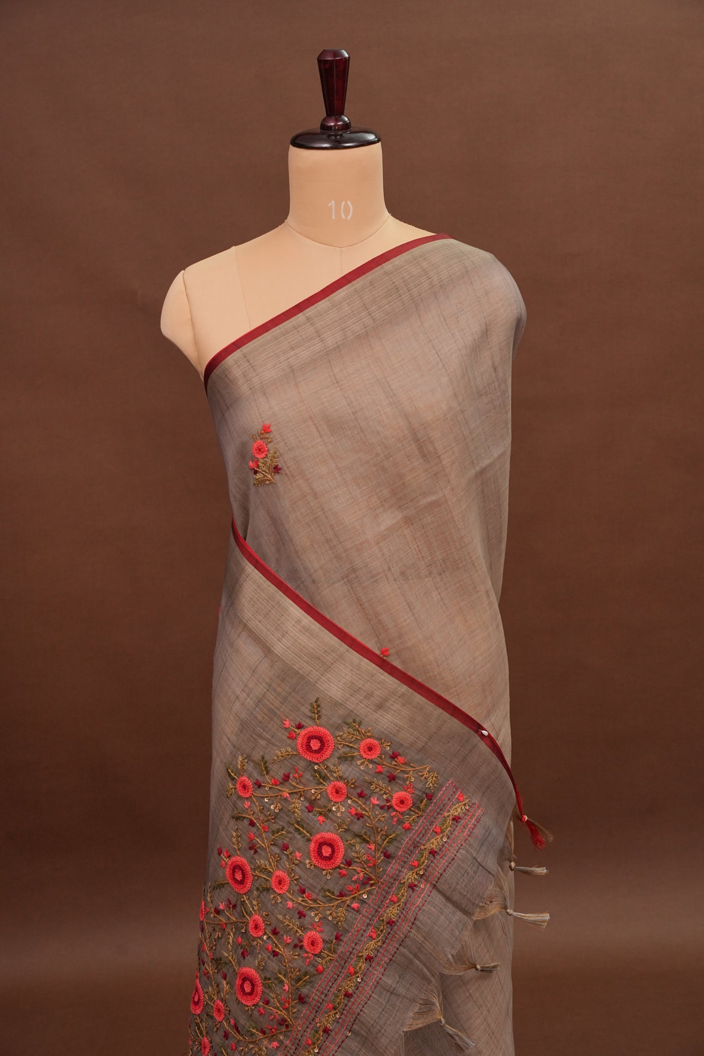 Embroidered Jute Linen Saree - Grey with Purple Undertone
