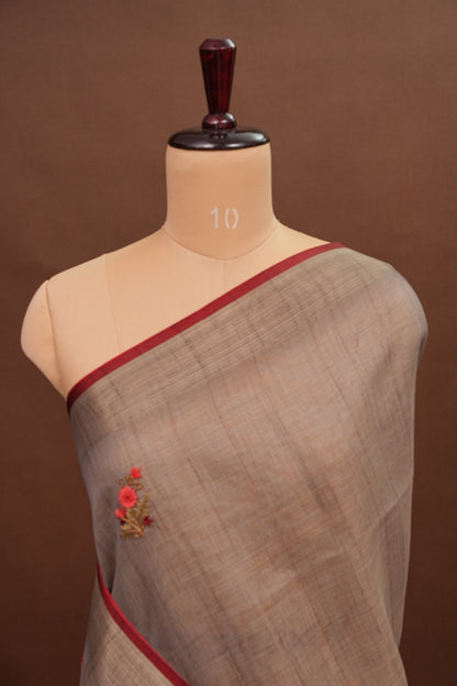 Embroidered Jute Linen Saree - Grey with Purple Undertone