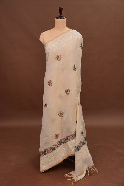 Embroidered Jute Linen Saree - Half White