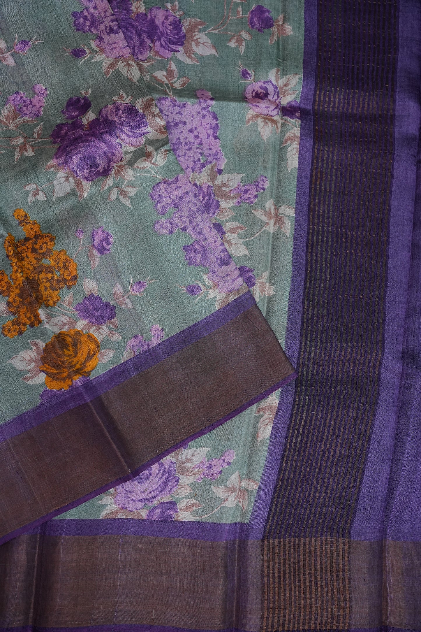 Pure Tussar Silk Saree with Floral Digital Print – Sage Green & Purple | Silk Mark Certified