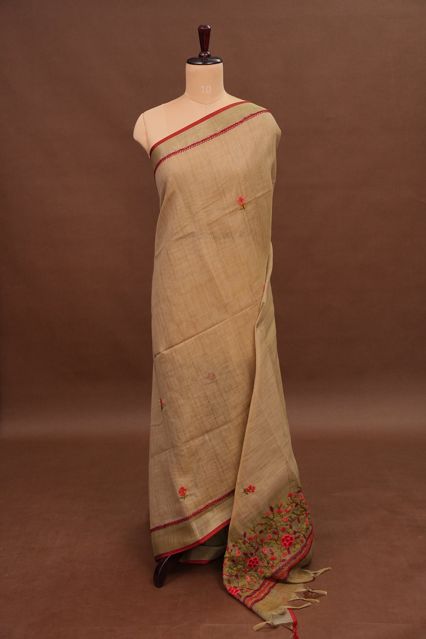 Embroidered Jute Linen Saree - Gold Beige