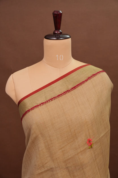Embroidered Jute Linen Saree - Gold Beige