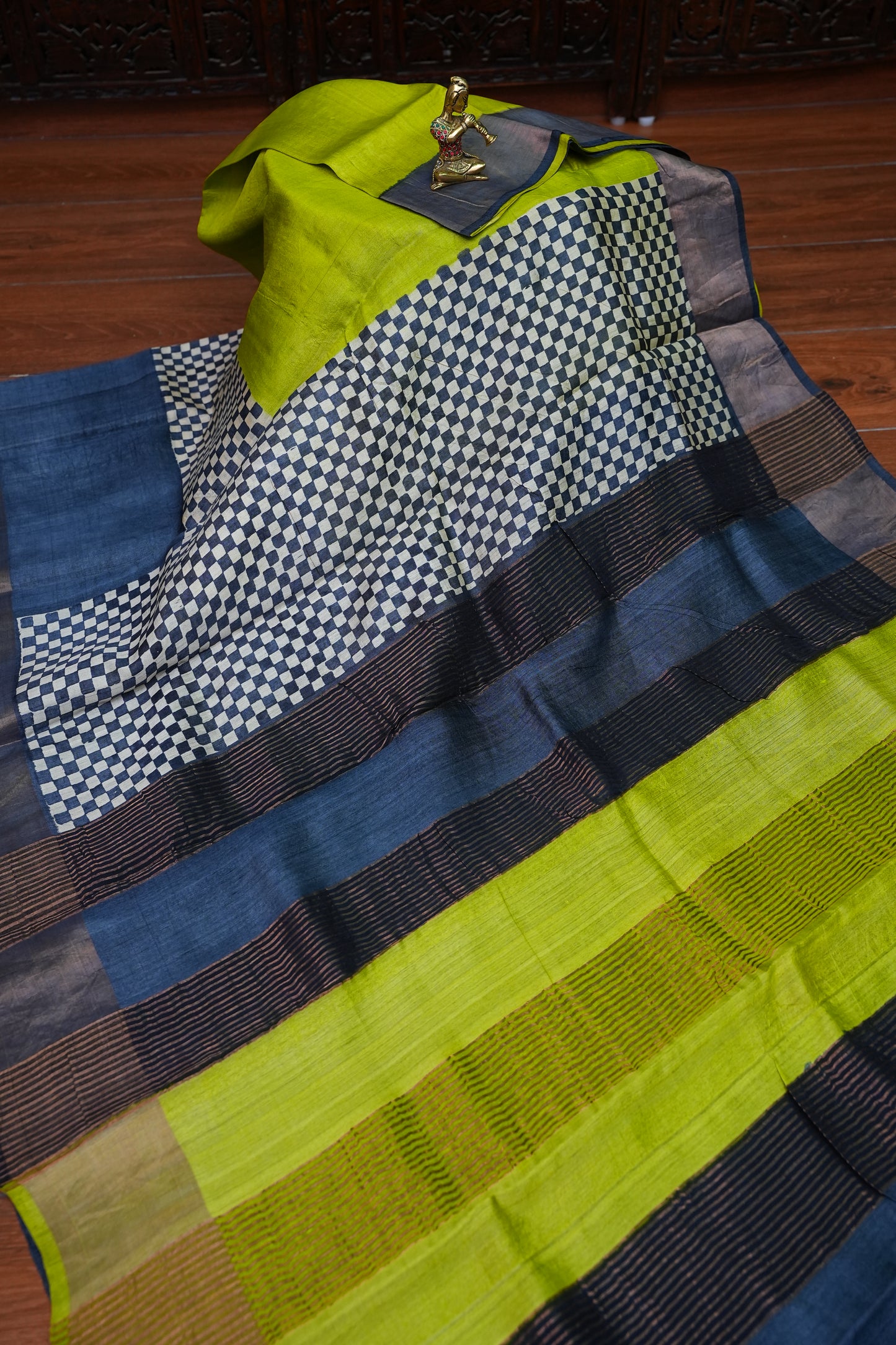 Pure Tussar Silk Saree with Traditional Block Prints – Lime Green & Navy Blue | Silk Mark Certified