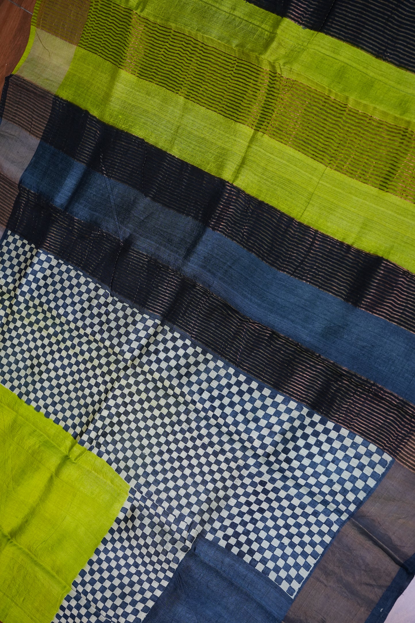 Pure Tussar Silk Saree with Traditional Block Prints – Lime Green & Navy Blue | Silk Mark Certified