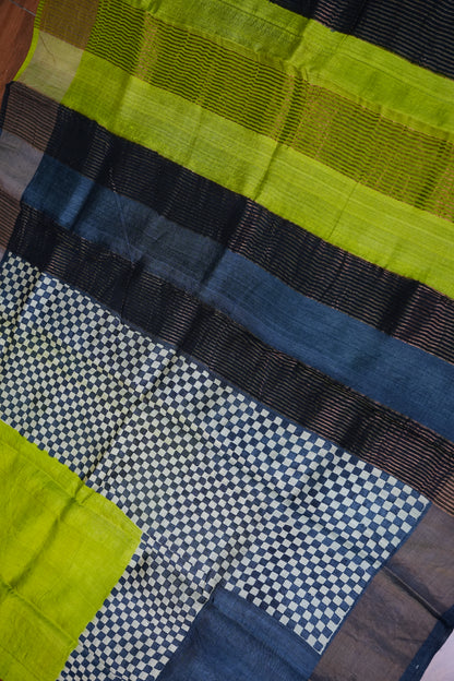 Pure Tussar Silk Saree with Traditional Block Prints – Lime Green & Navy Blue | Silk Mark Certified