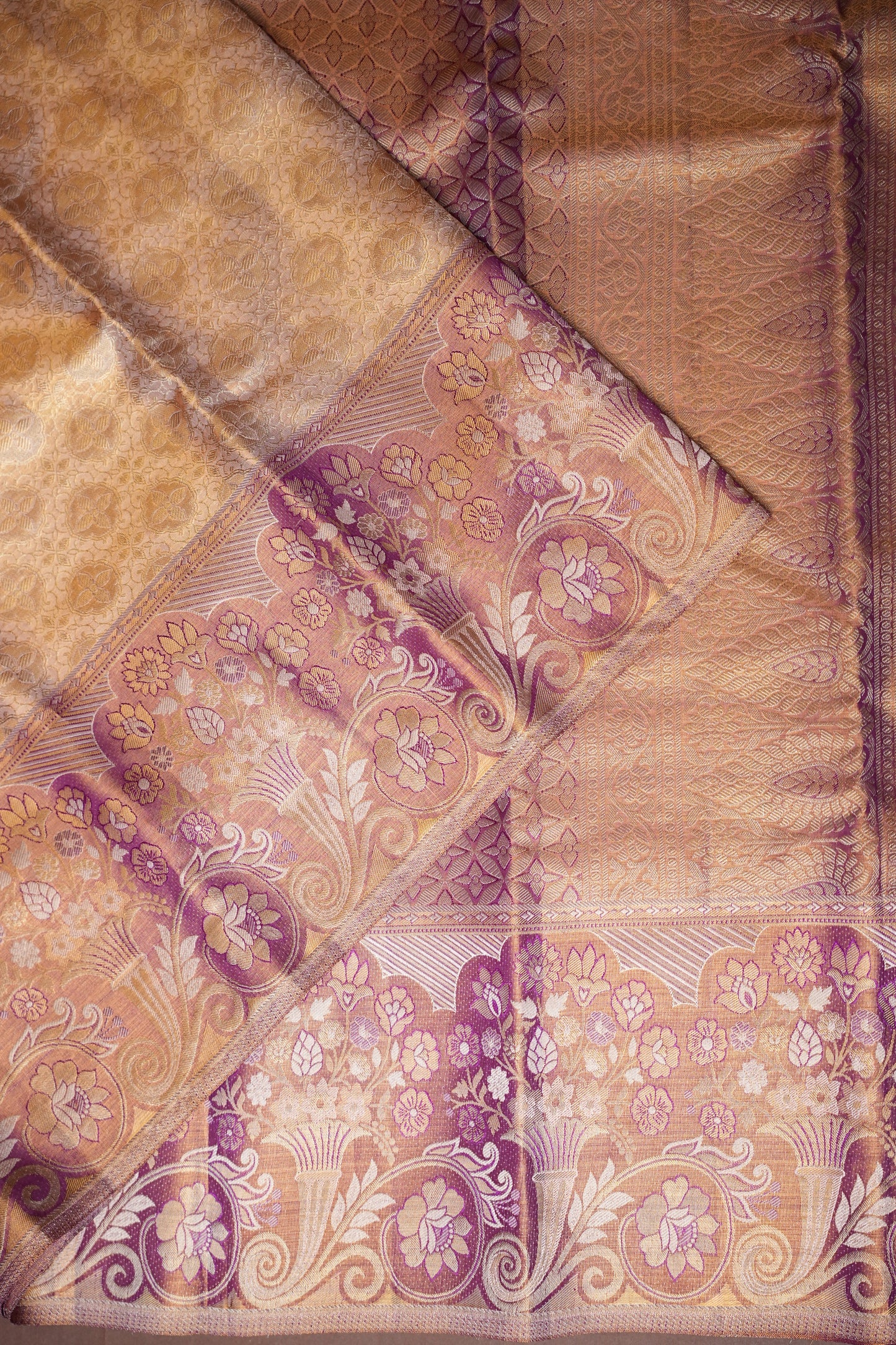 Honey Gold with Mauve Pink Pure Tissue Kanchipuram Silk Saree|Silk Mark Certified