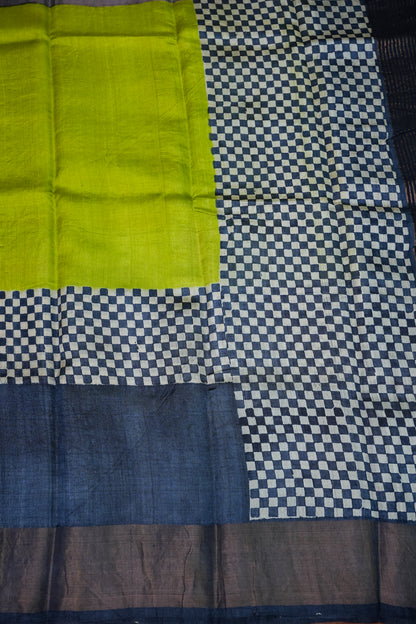 Pure Tussar Silk Saree with Traditional Block Prints – Lime Green & Navy Blue | Silk Mark Certified
