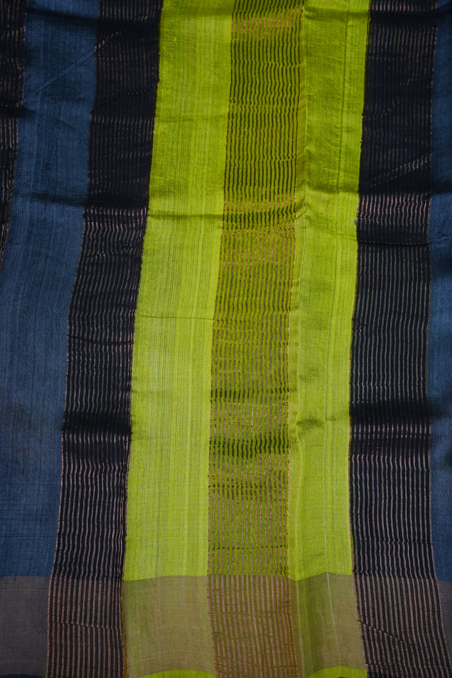 Pure Tussar Silk Saree with Traditional Block Prints – Lime Green & Navy Blue | Silk Mark Certified