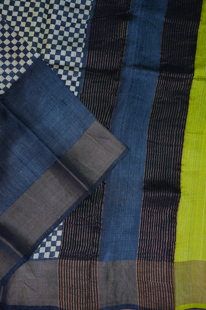 Pure Tussar Silk Saree with Traditional Block Prints – Lime Green & Navy Blue | Silk Mark Certified