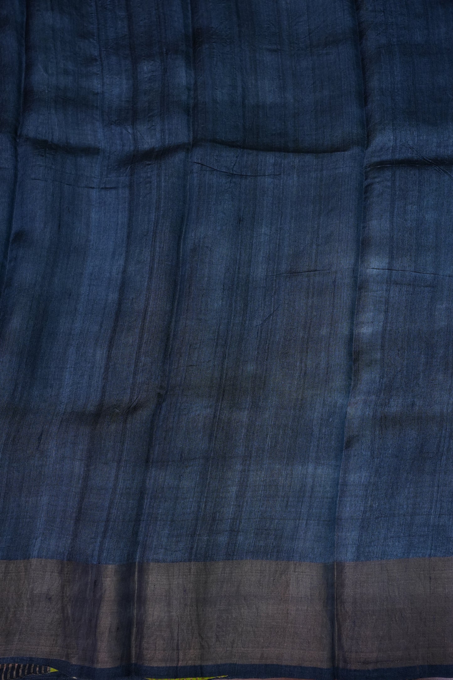 Pure Tussar Silk Saree with Traditional Block Prints – Lime Green & Navy Blue | Silk Mark Certified