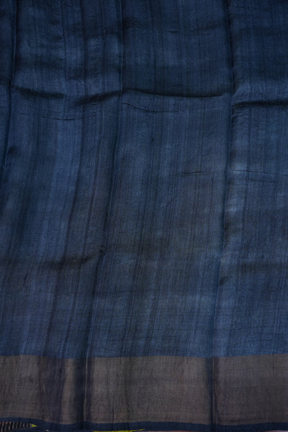 Pure Tussar Silk Saree with Traditional Block Prints – Lime Green & Navy Blue | Silk Mark Certified