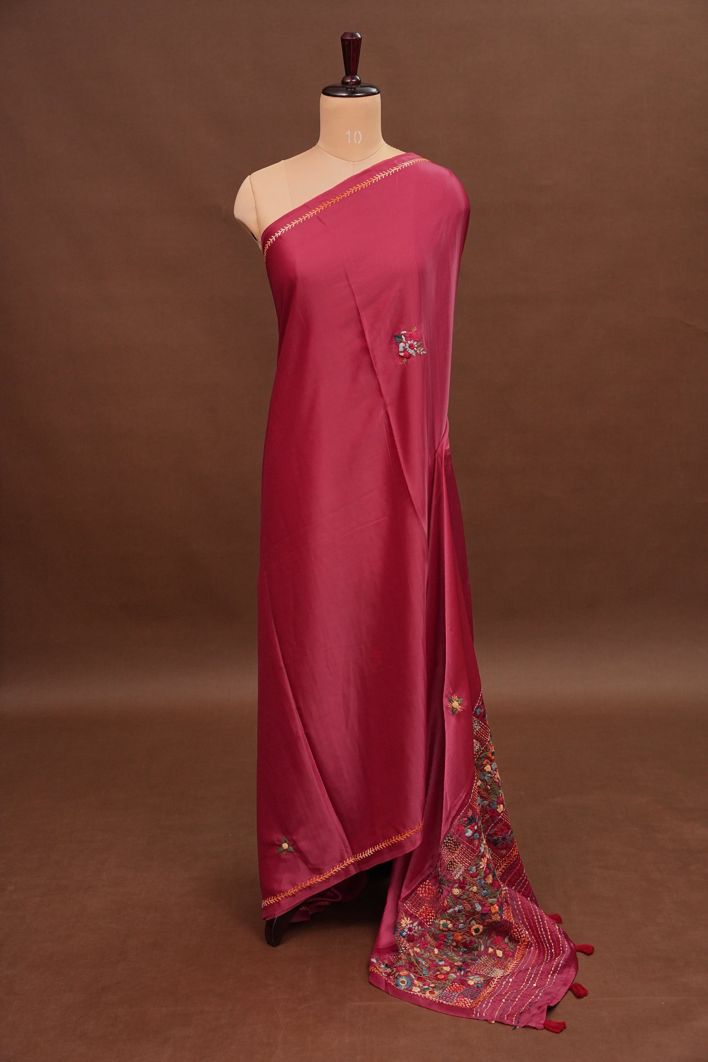 Rose Pink-Crepe silk saree with French knot work